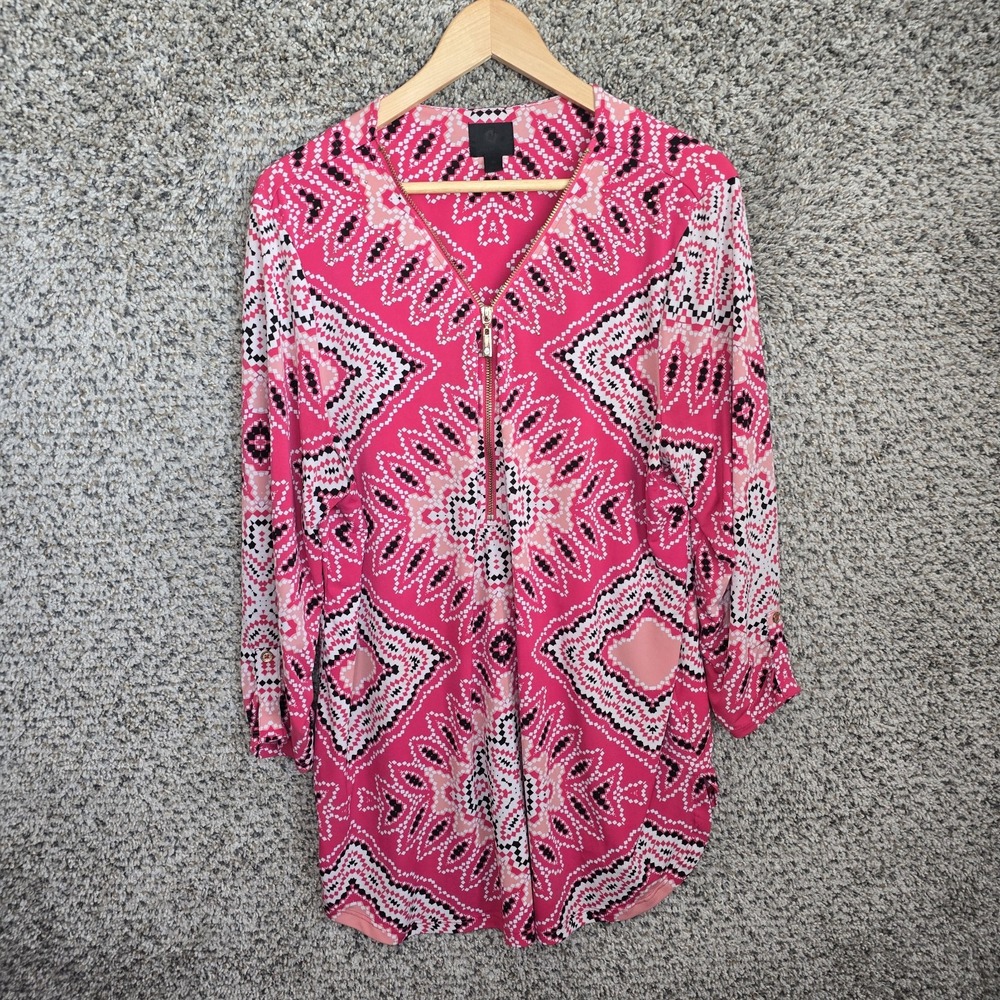 JM Collection Top Womens XL Pink Zip Up Tunic Printed‎ Embellished Casual Ladies